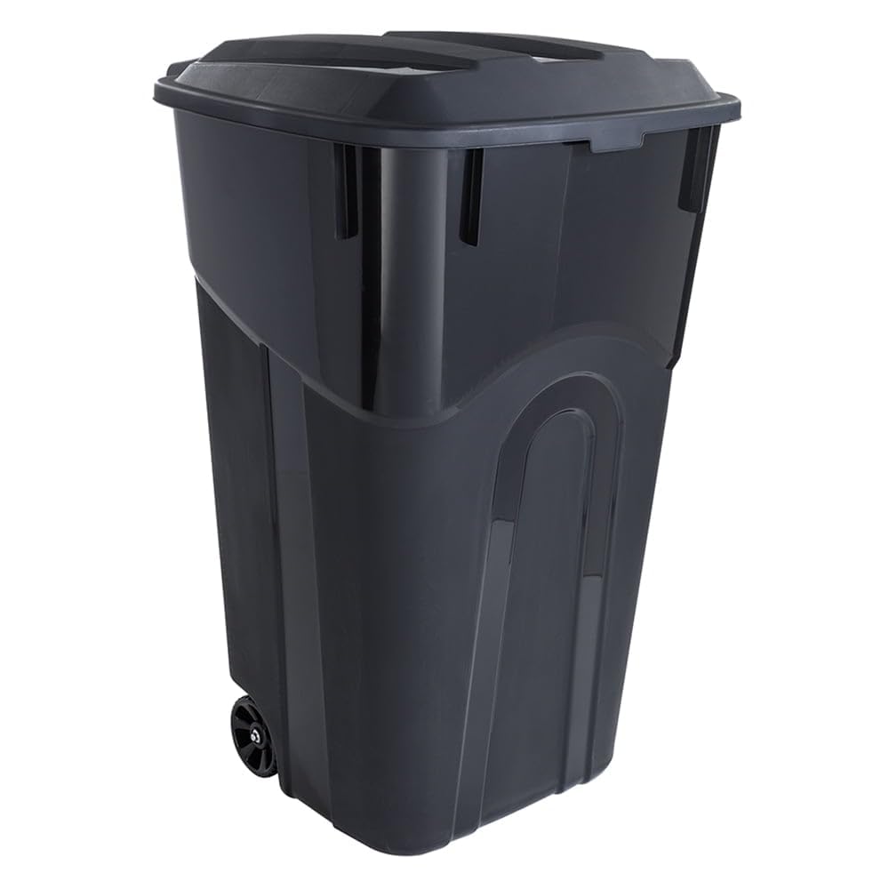 32 Gallon Black Plastic Garbage Can with Attached Lid M60658