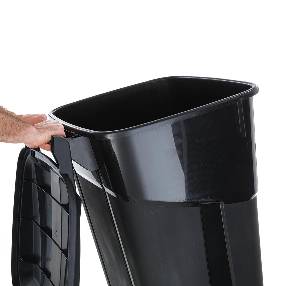 32 Gallon Black Plastic Garbage Can with Attached Lid M60658