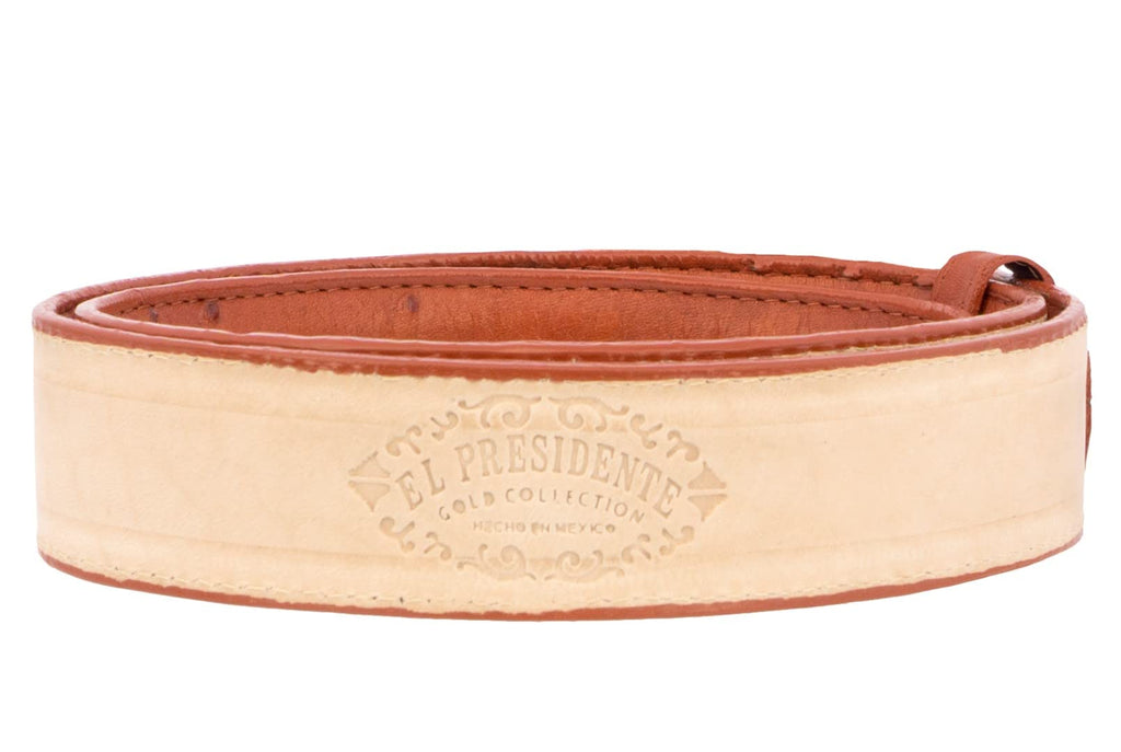 Mens Cognac Ostrich Quill Print Leather Western Cowboy Belt Q235250