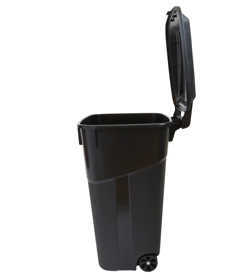 32 Gallon Black Plastic Garbage Can with Attached Lid M60658