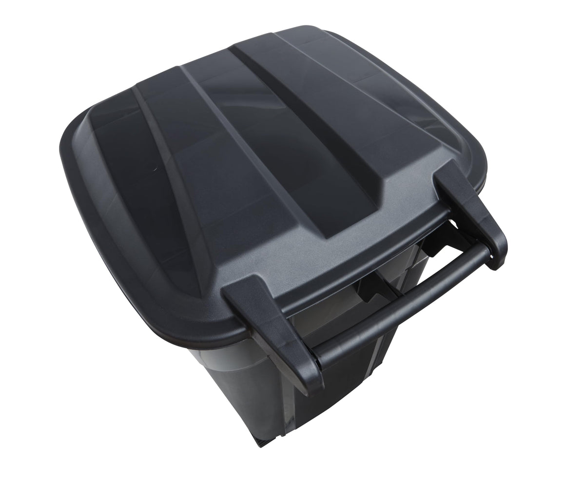 32 Gallon Black Plastic Garbage Can with Attached Lid M60658