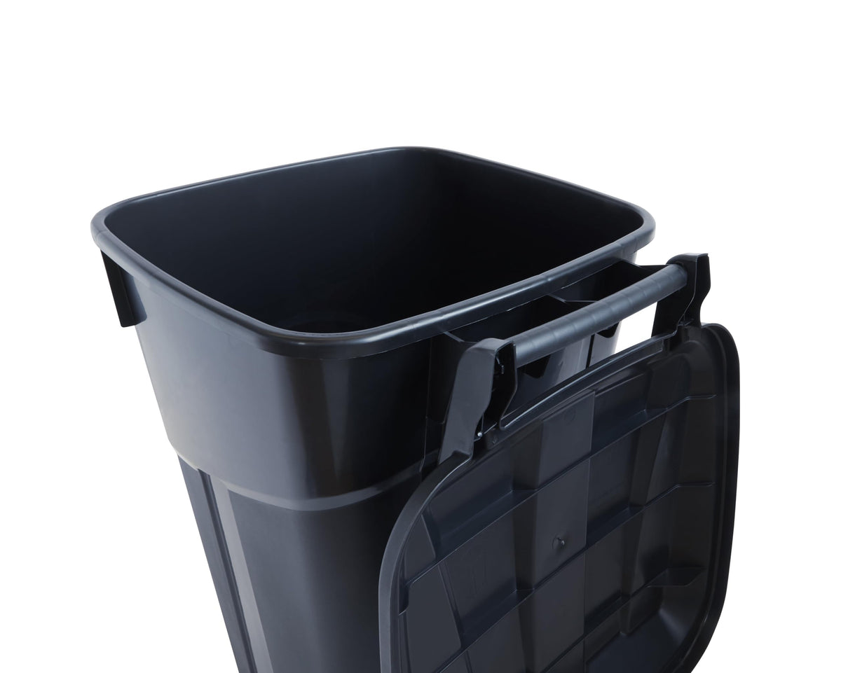 32 Gallon Black Plastic Garbage Can with Attached Lid M60658