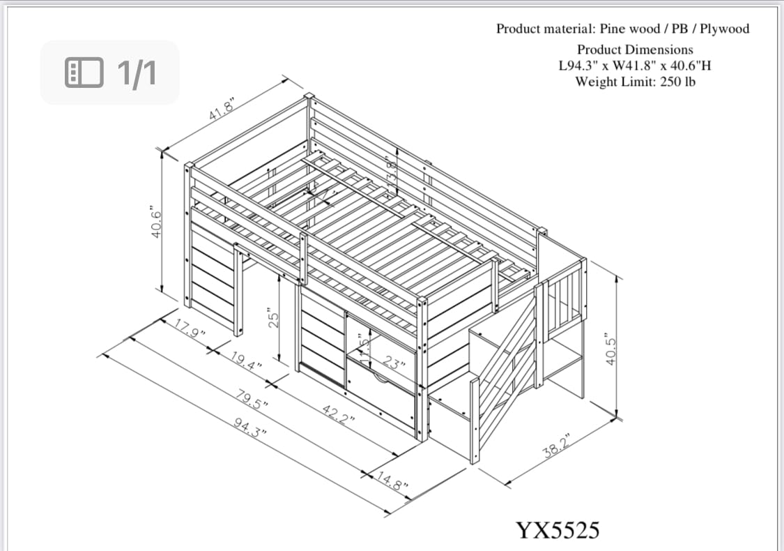 Twin Size Wood Loft Bed with Storage A6651