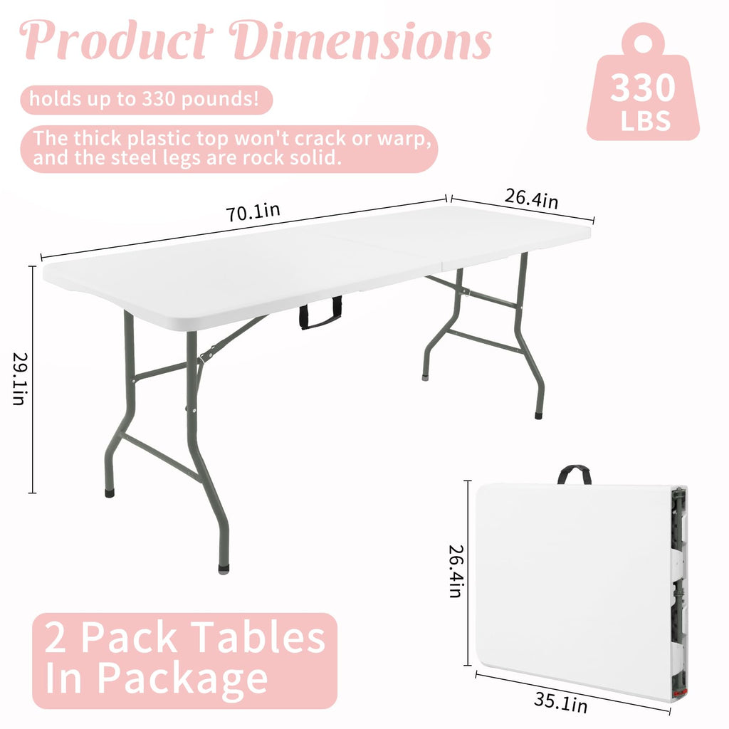 2 Pack 6 Feet Portable Folding Table White Plastic I312344
