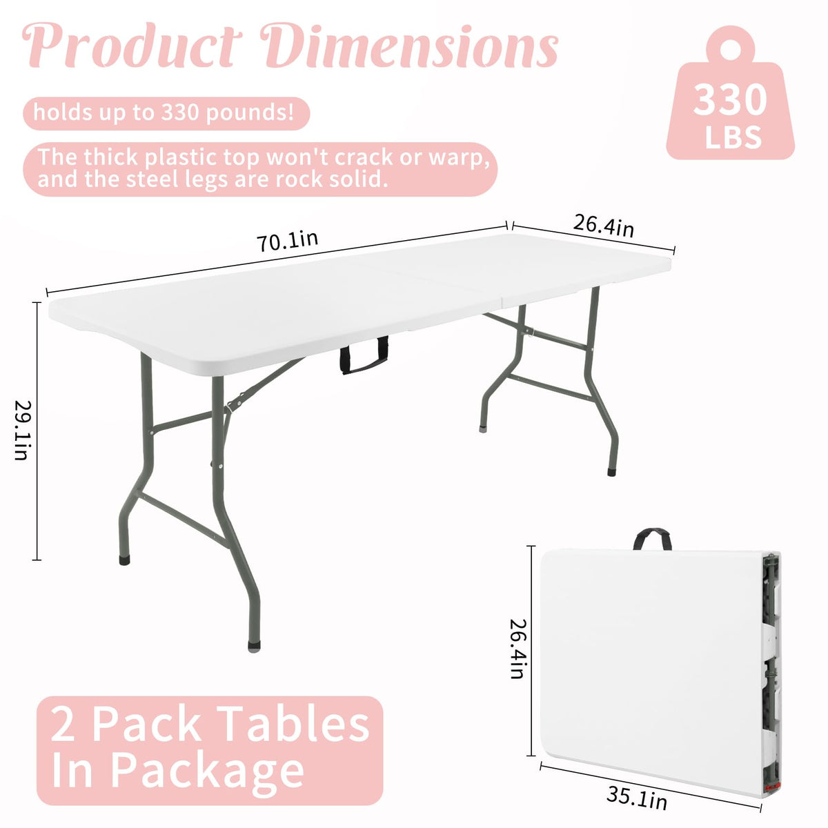 2 Pack 6 Feet Portable Folding Table White Plastic I312344