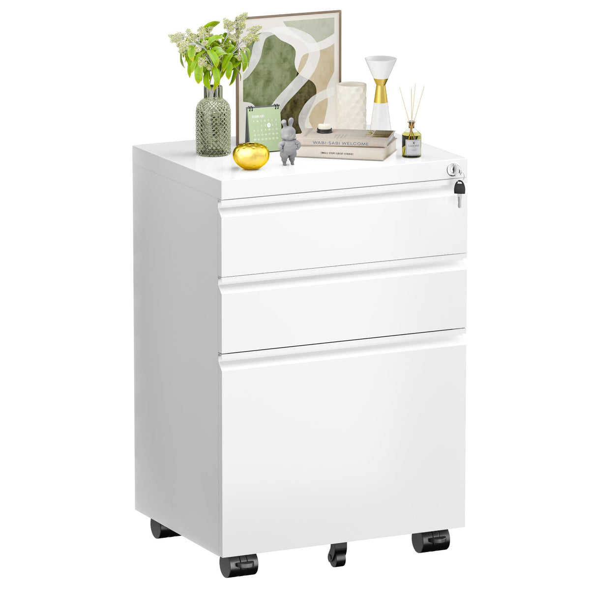 Fully Assembled 3 Drawer White Metal Rolling File Cabinet with Lock I1187