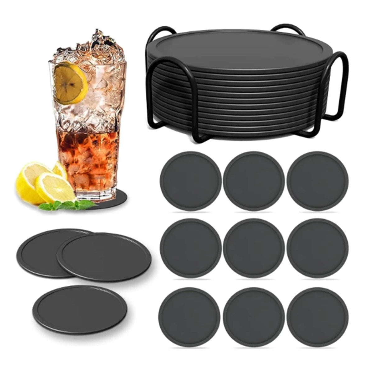 36pcs Set Circular Silicone Coasters Black L225