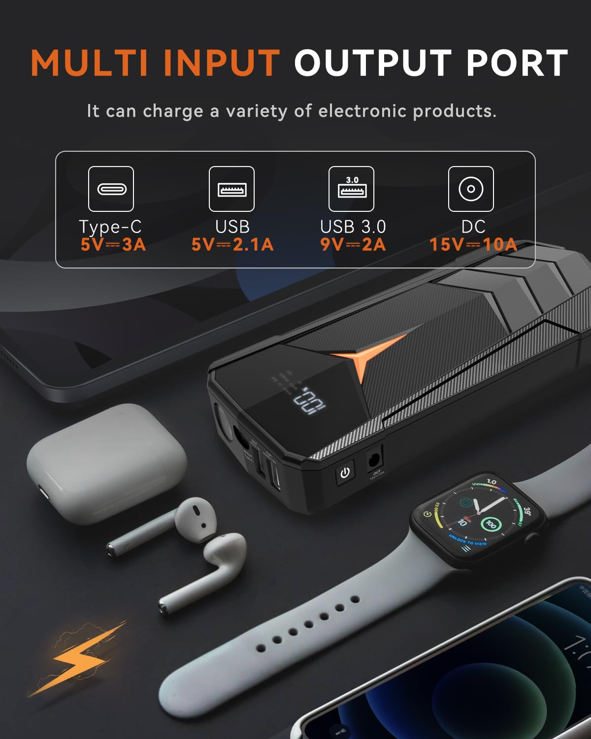 2000A Peak 20000mAh 12V Lithium Jump Starter Battery Pack with LCD Screen and LED Light H3802