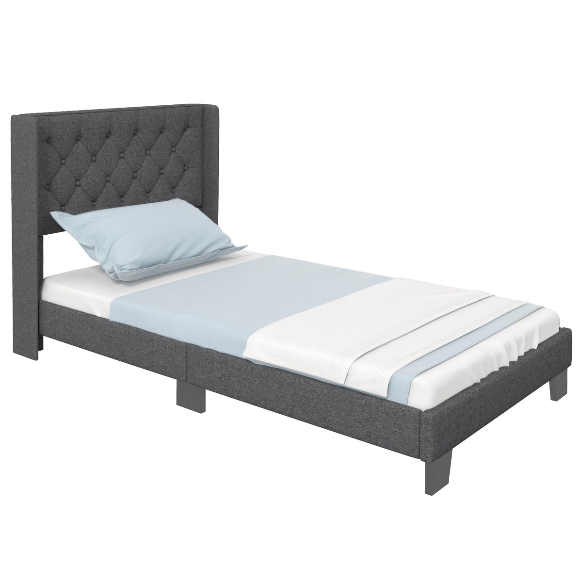 Twin Fabric Upholstered Platform Bed with Wingback Button Tufted Headboard L208