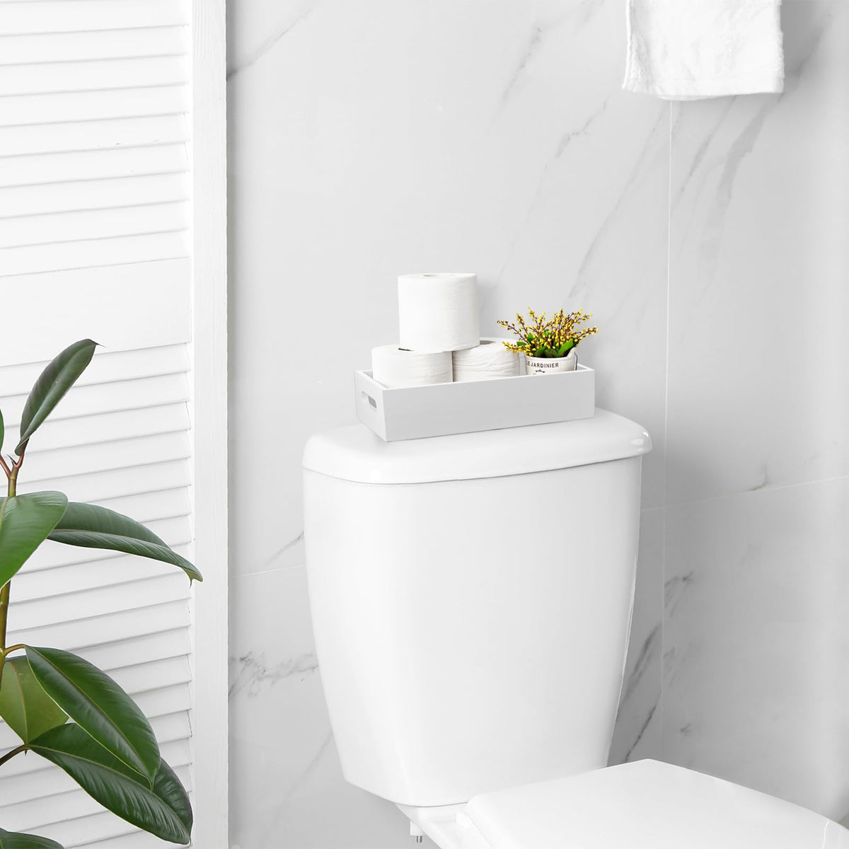 White Wooden Toilet Tank Paper Basket with Handle H635