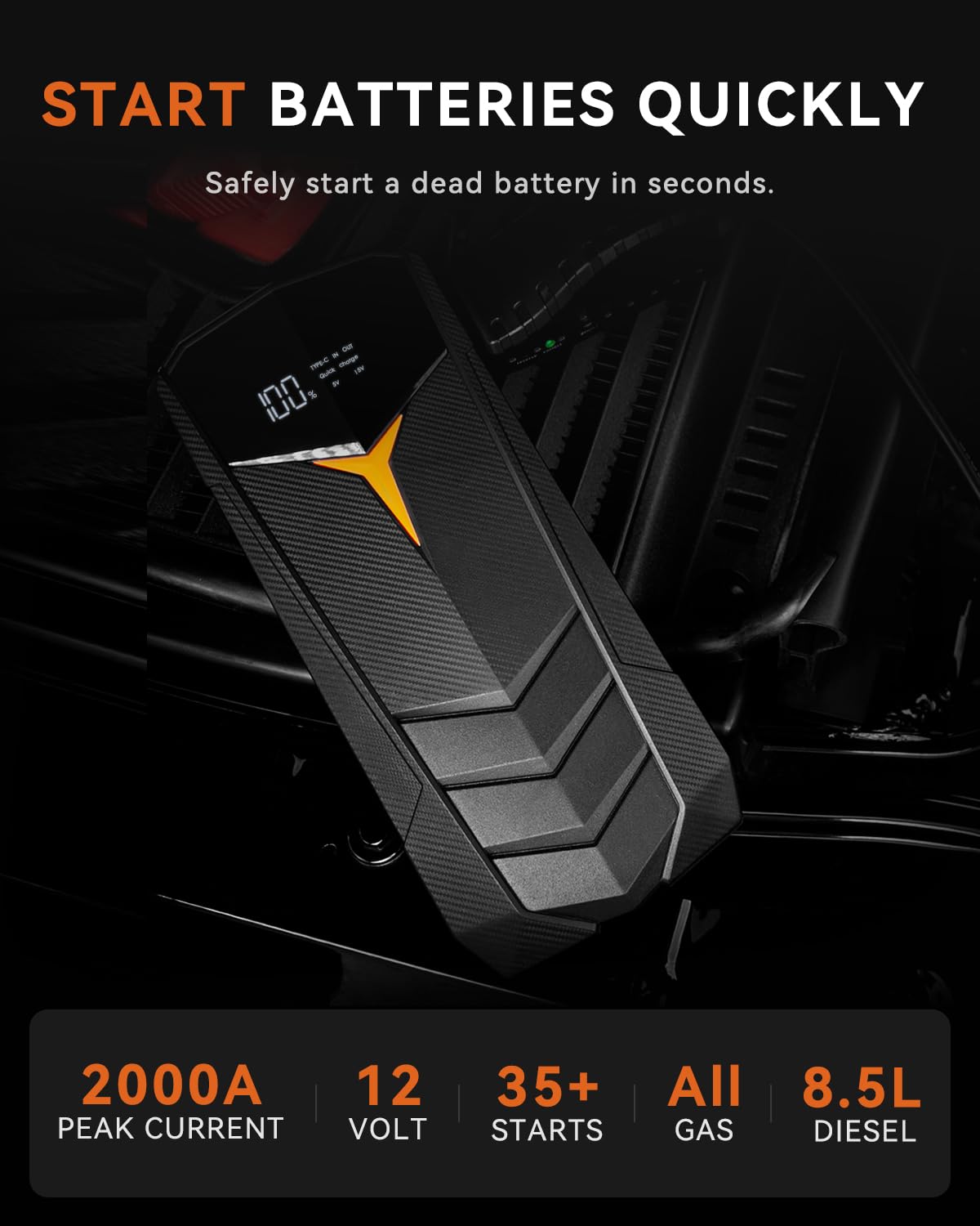 2000A Peak 20000mAh 12V Lithium Jump Starter Battery Pack with LCD Screen and LED Light H3802