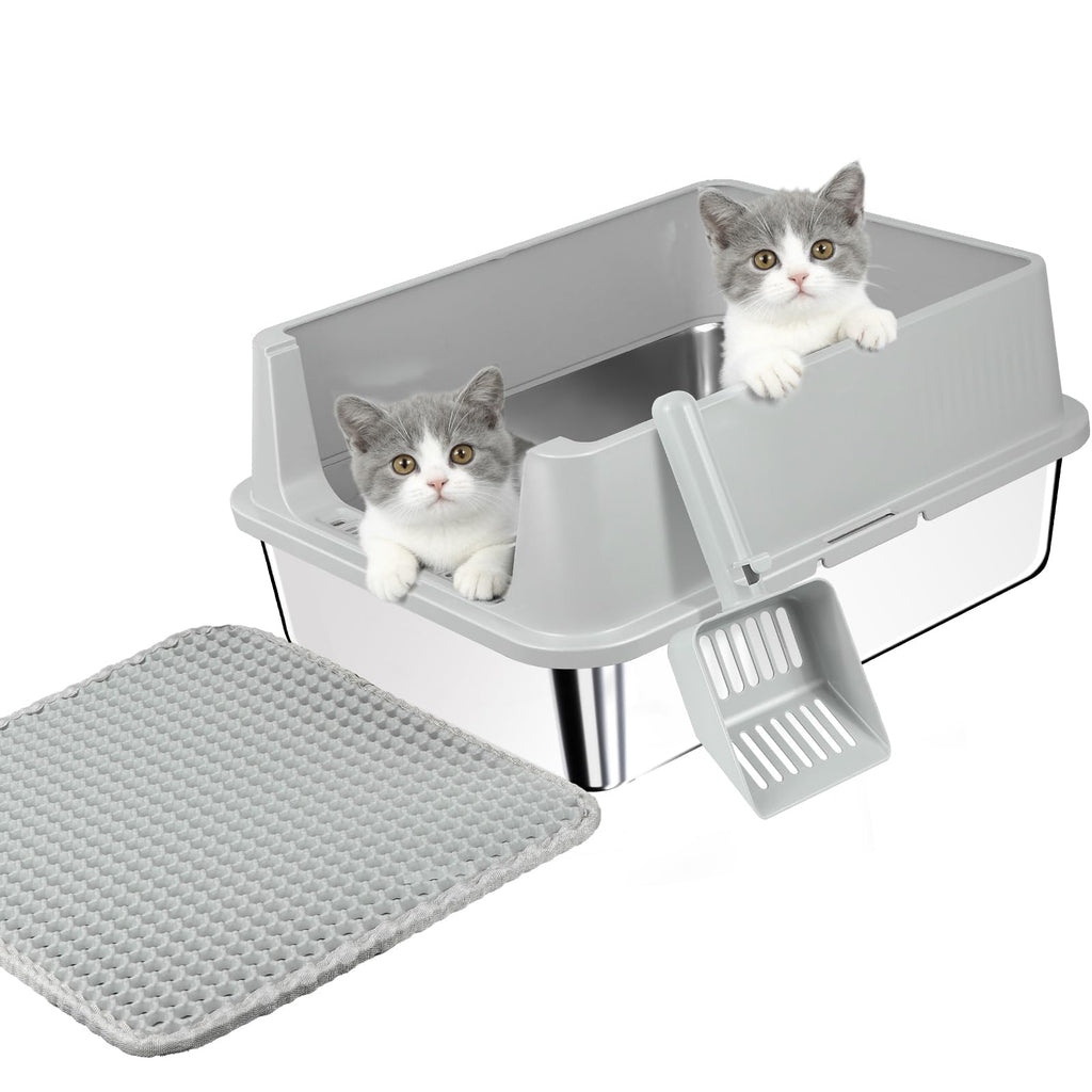 Stainless Steel Cat Litter Box with High Sides, Litter Mat, Scoop Y2851