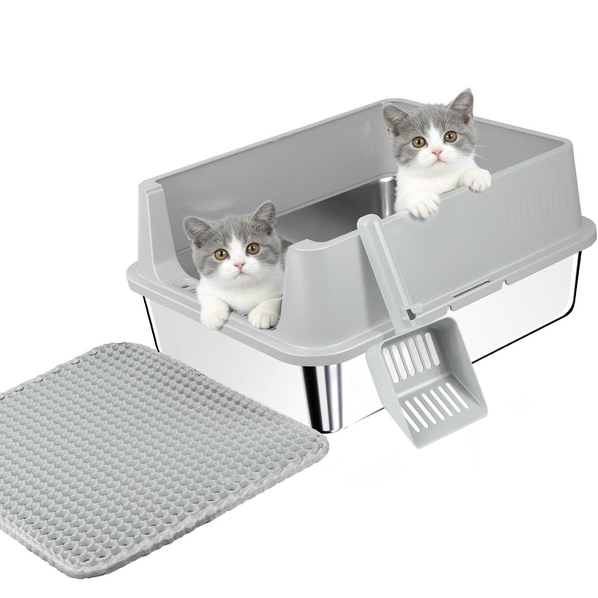 Stainless Steel Cat Litter Box with High Sides, Litter Mat, Scoop Y2851