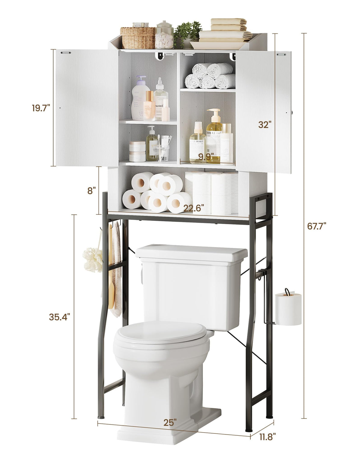 Over The Toilet Storage Cabinet with 2-Door & Metal Stand, White Y1526