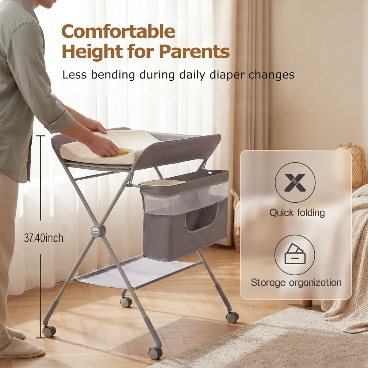 Baby Changing Table with Wheels, Portable Adjustable Folding Diaper Station with Storage J24820