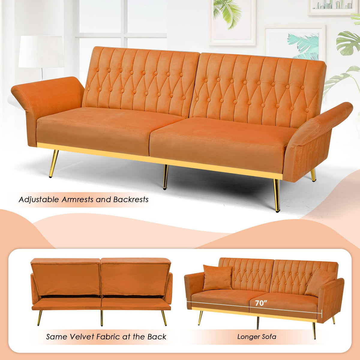 70" Velvet Futon with Adjustable Backrest and Armrests K78119