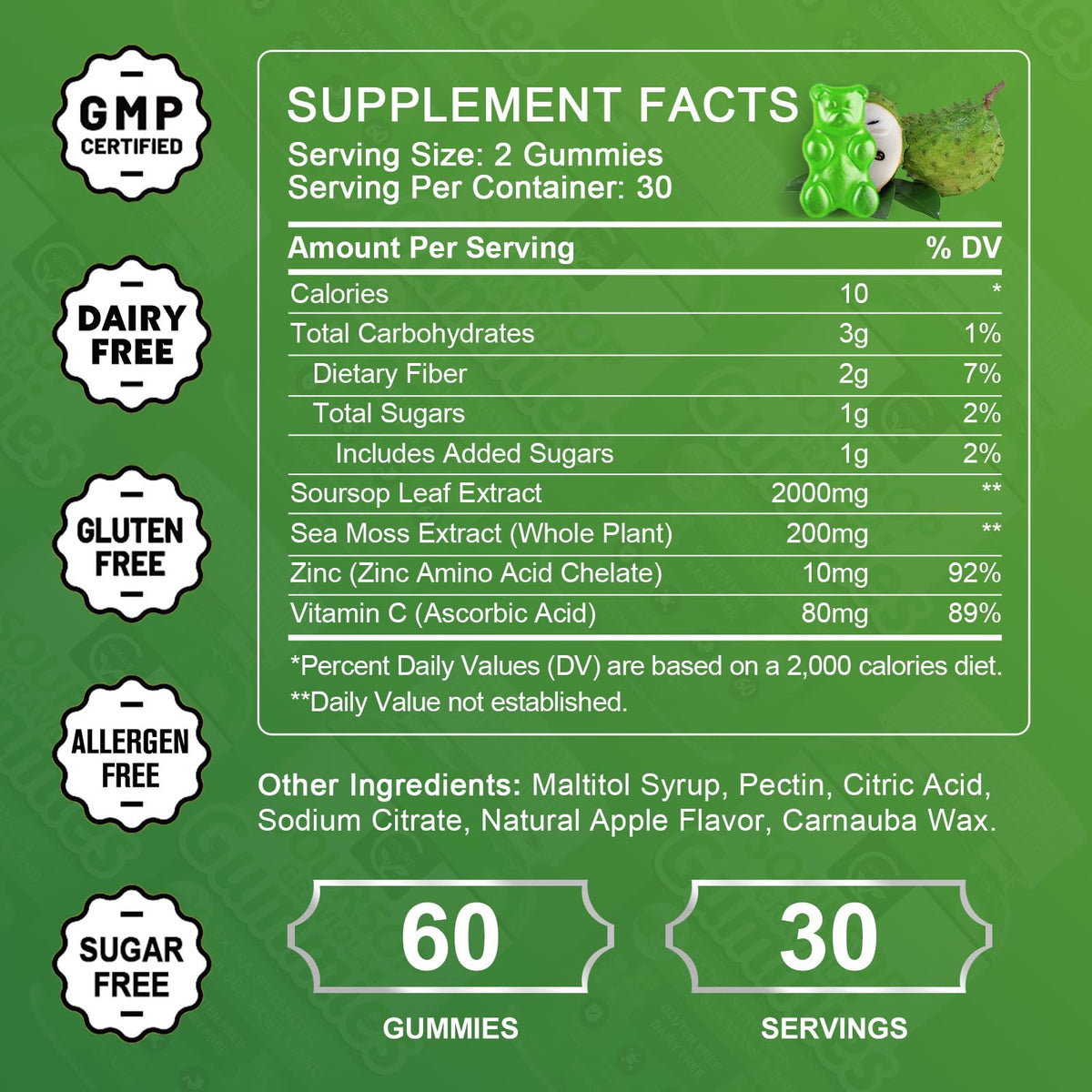 Organic Soursop Graviola Gummies 2200mg with Sea Moss Zinc Vitamin C 60 Gummies F6411