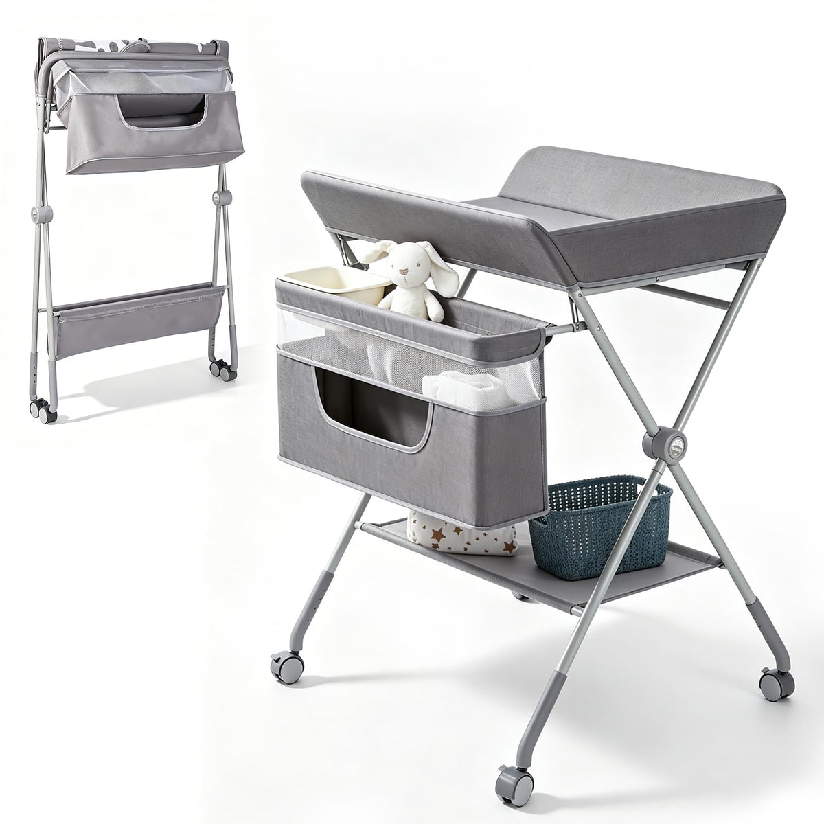 Baby Changing Table with Wheels, Portable Adjustable Folding Diaper Station with Storage J24820