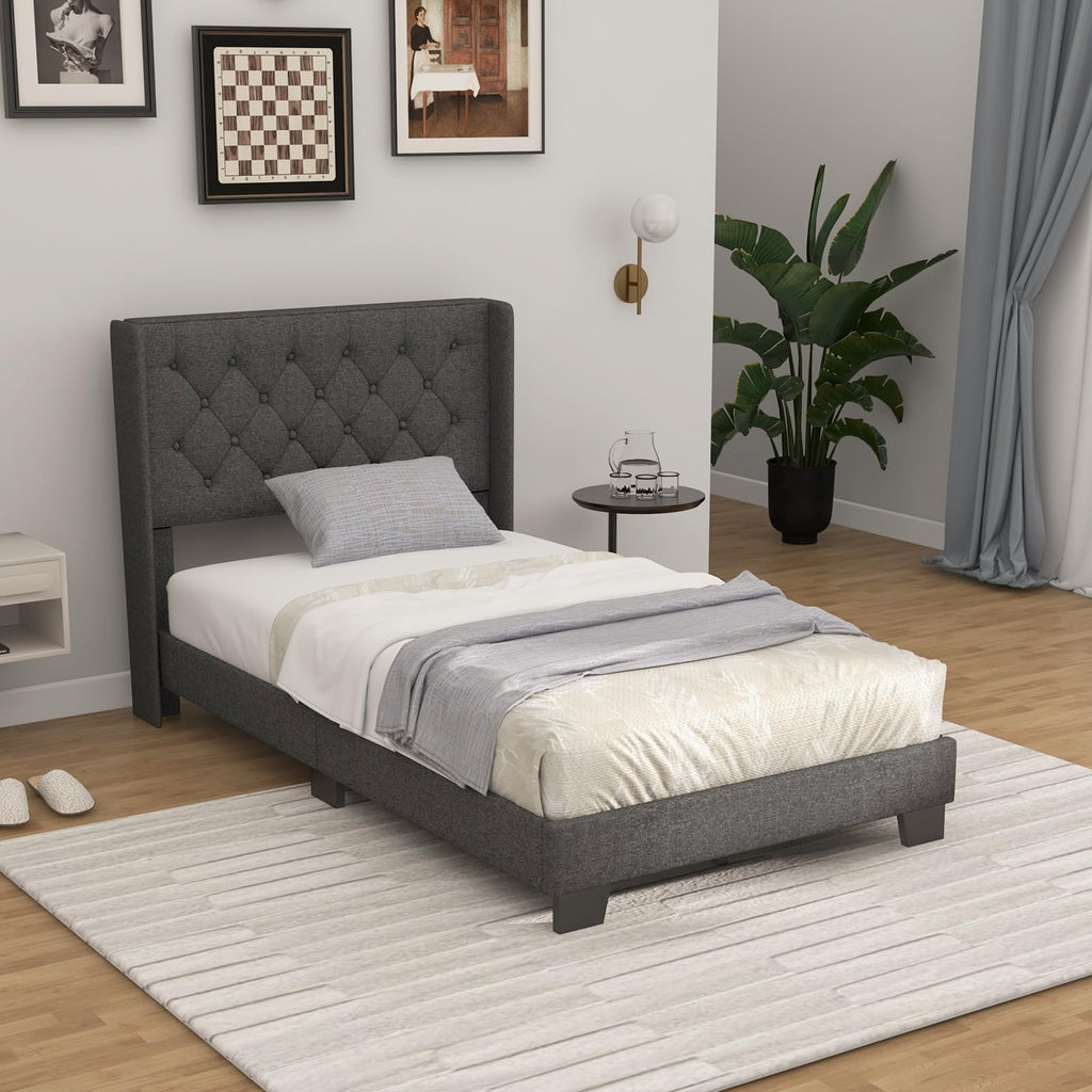 Twin Fabric Upholstered Platform Bed with Wingback Button Tufted Headboard L208