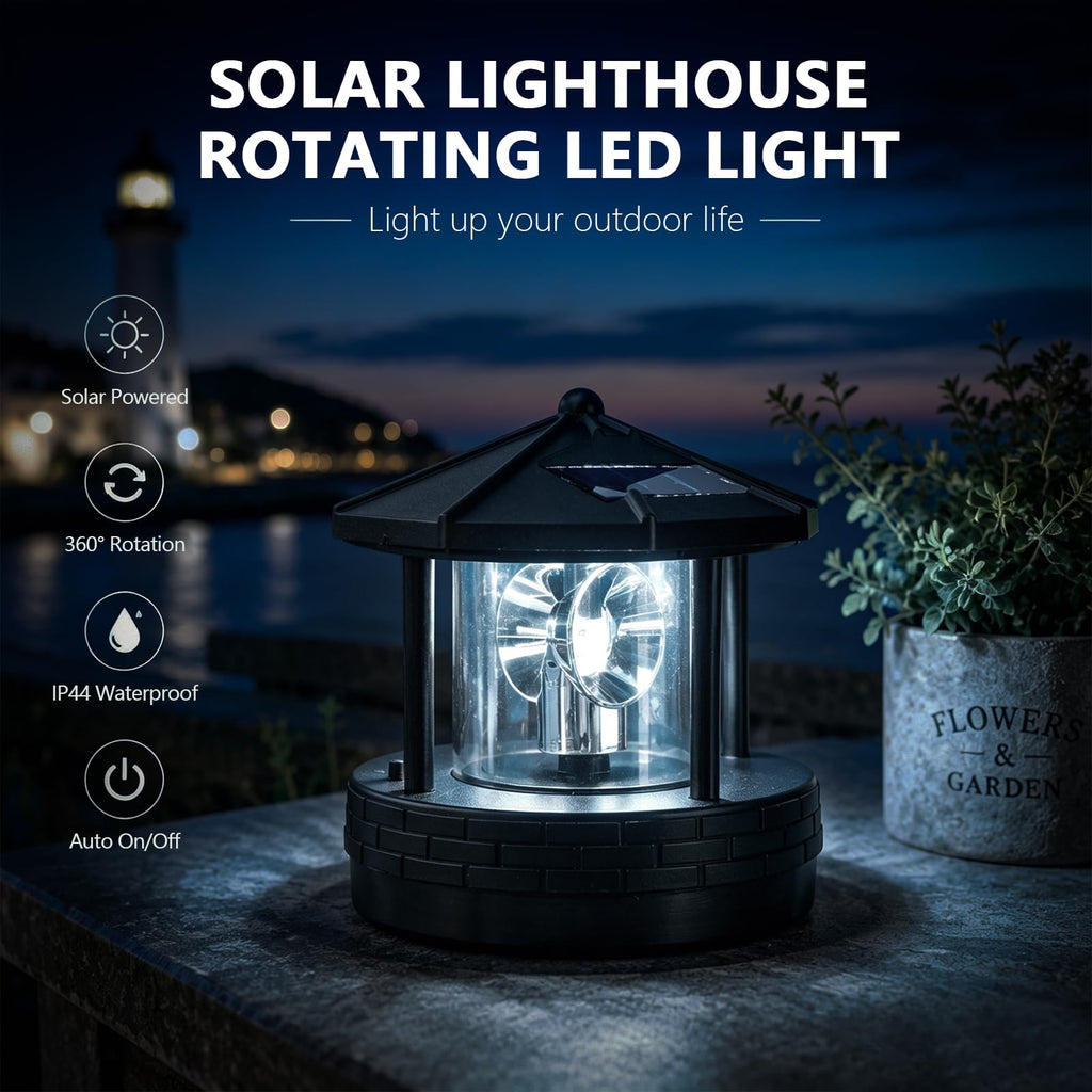 Solar Powered Rotating Lighthouse LED Light IP44 Waterproof Black X19095