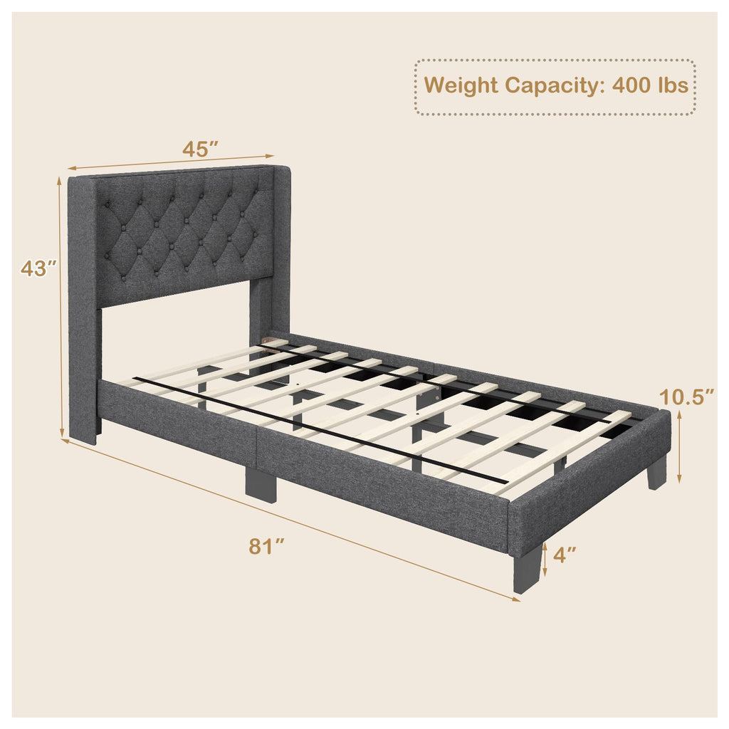 Twin Fabric Upholstered Platform Bed with Wingback Button Tufted Headboard L208