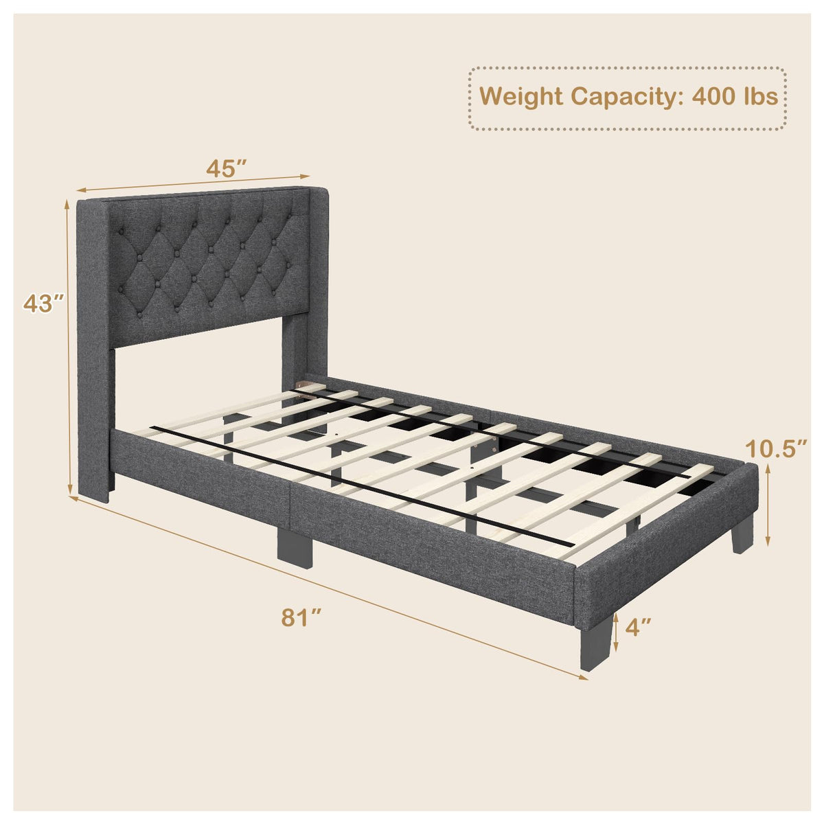 Twin Fabric Upholstered Platform Bed with Wingback Button Tufted Headboard L208