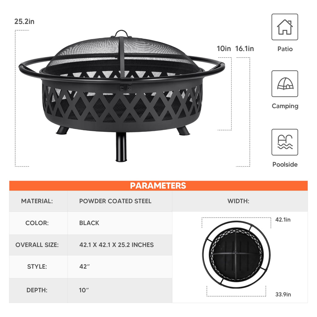 42” Wood Burning Patio Fire Pit with Spark Screen O708964