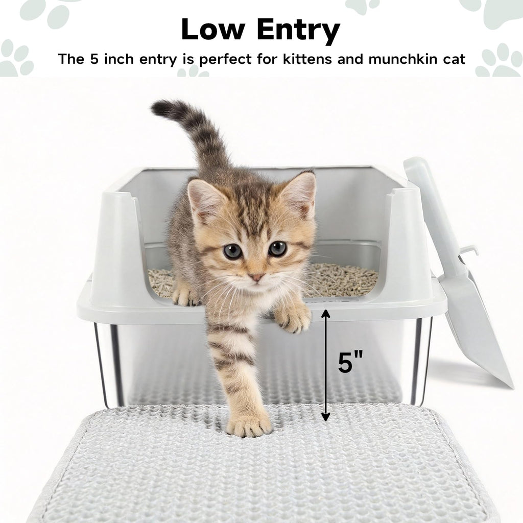 Stainless Steel Cat Litter Box with High Sides, Litter Mat, Scoop Y2851