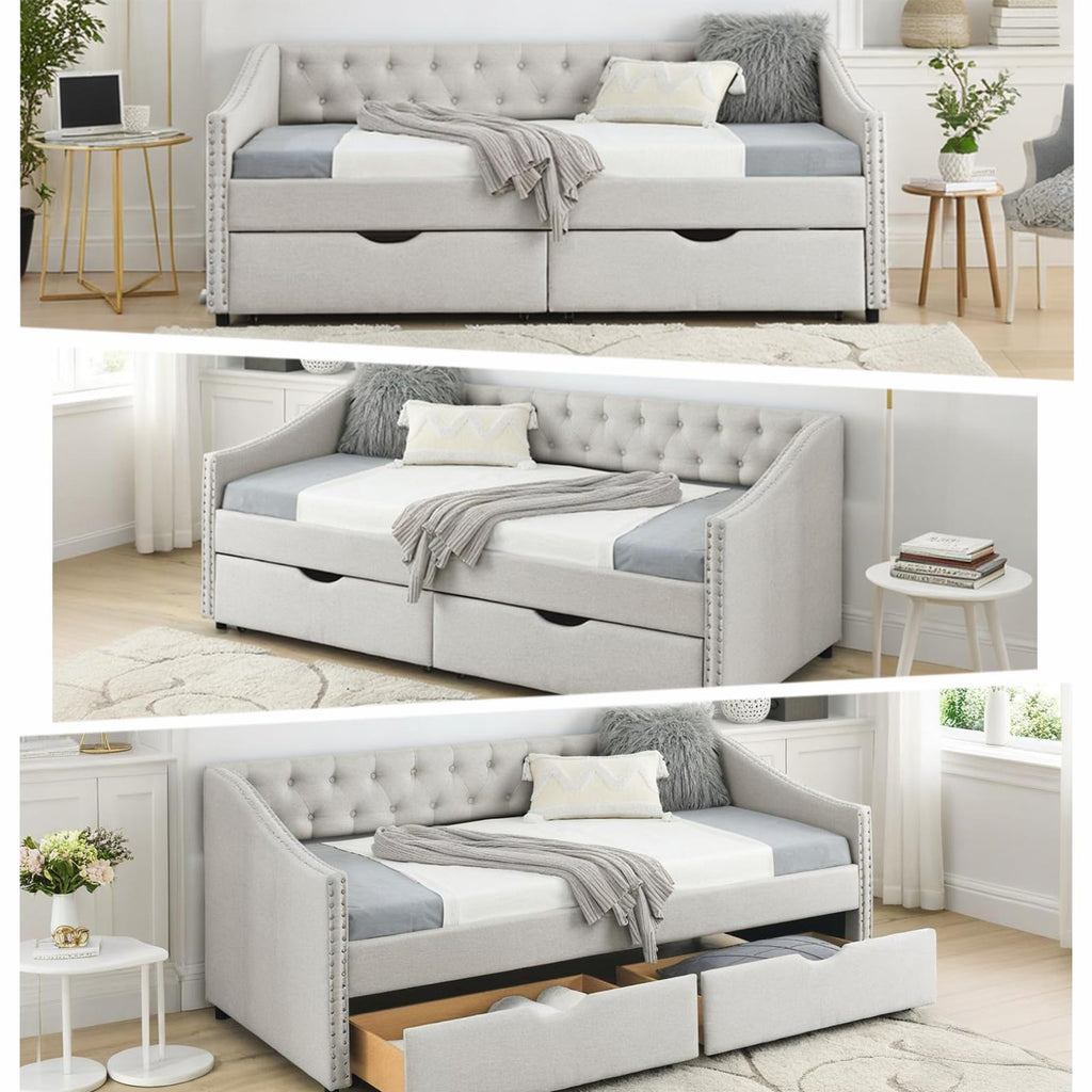 Twin Linen Upholstered Daybed with 2 Storage Drawers X739159