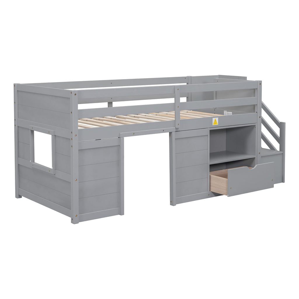 Twin Size Wood Loft Bed with Storage A6651