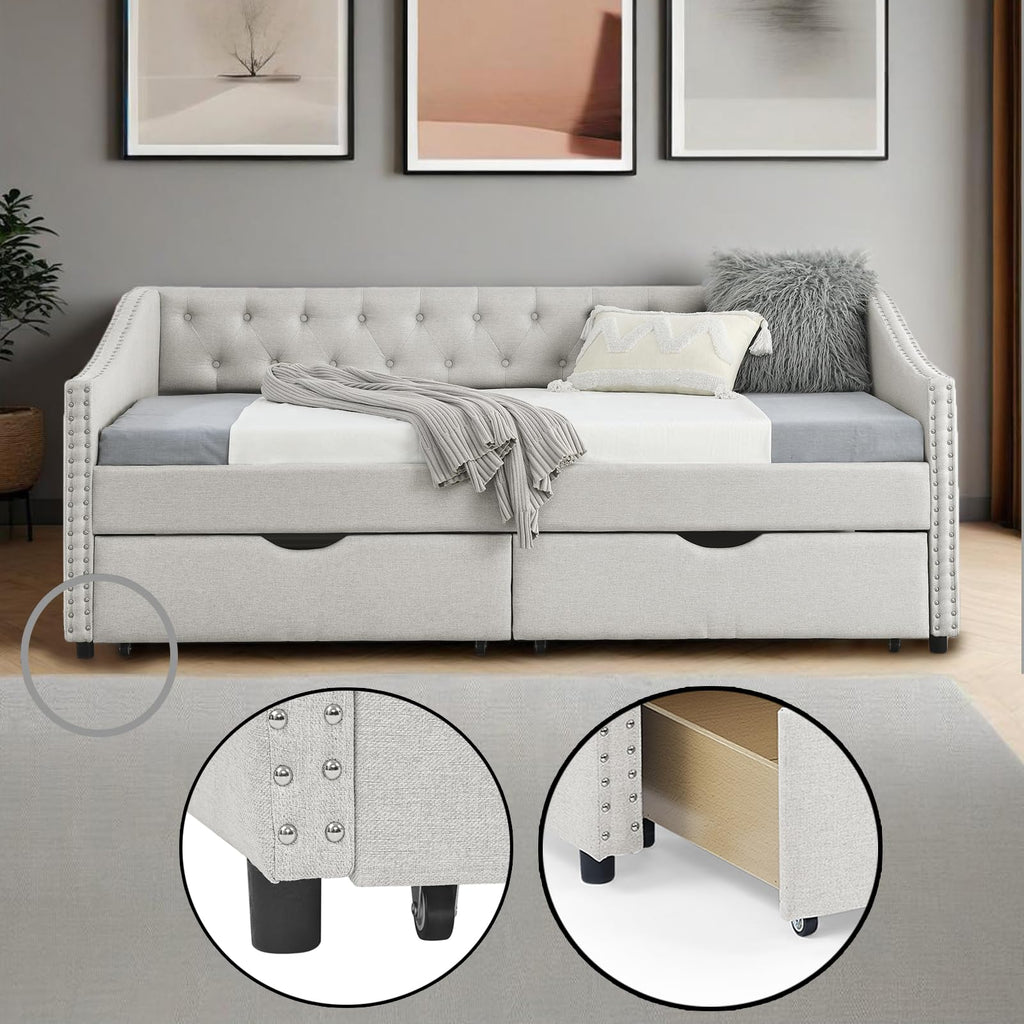 Twin Linen Upholstered Daybed with 2 Storage Drawers X739159