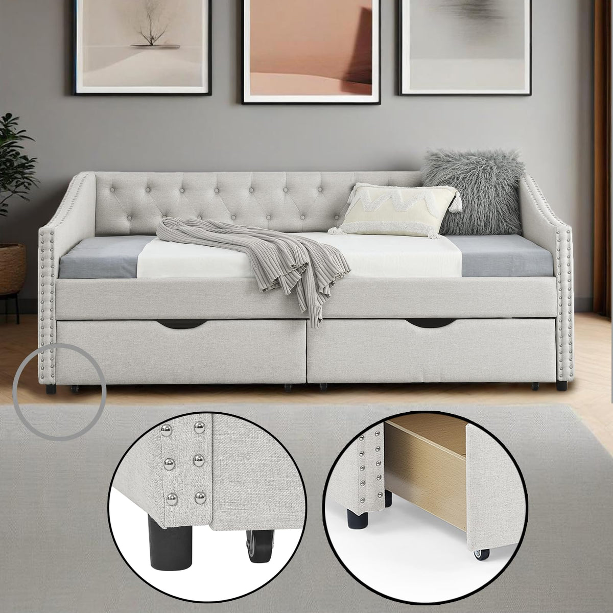 Twin Linen Upholstered Daybed with 2 Storage Drawers X739159