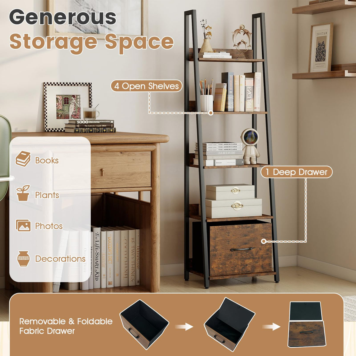 5-Tier Ladder Bookshelf Set of 2 Fabric Drawer P88010