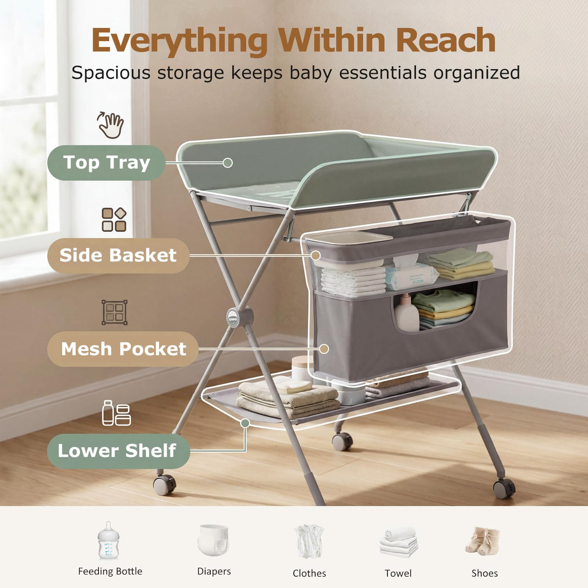 Baby Changing Table with Wheels, Portable Adjustable Folding Diaper Station with Storage J24820