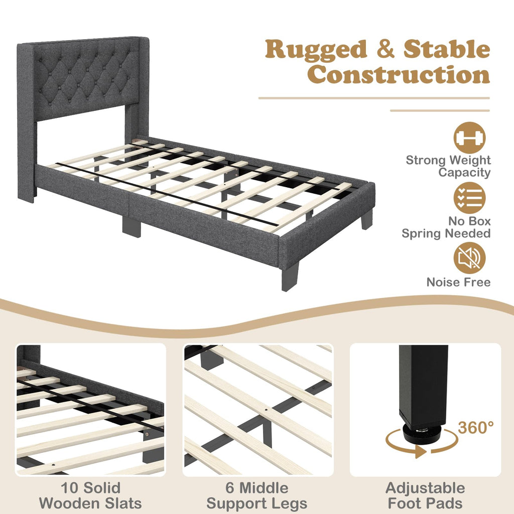 Twin Fabric Upholstered Platform Bed with Wingback Button Tufted Headboard L208