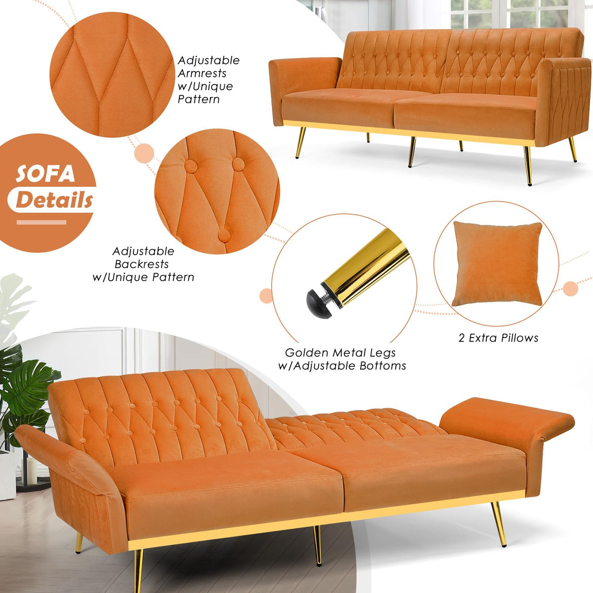 70" Velvet Futon with Adjustable Backrest and Armrests K78119