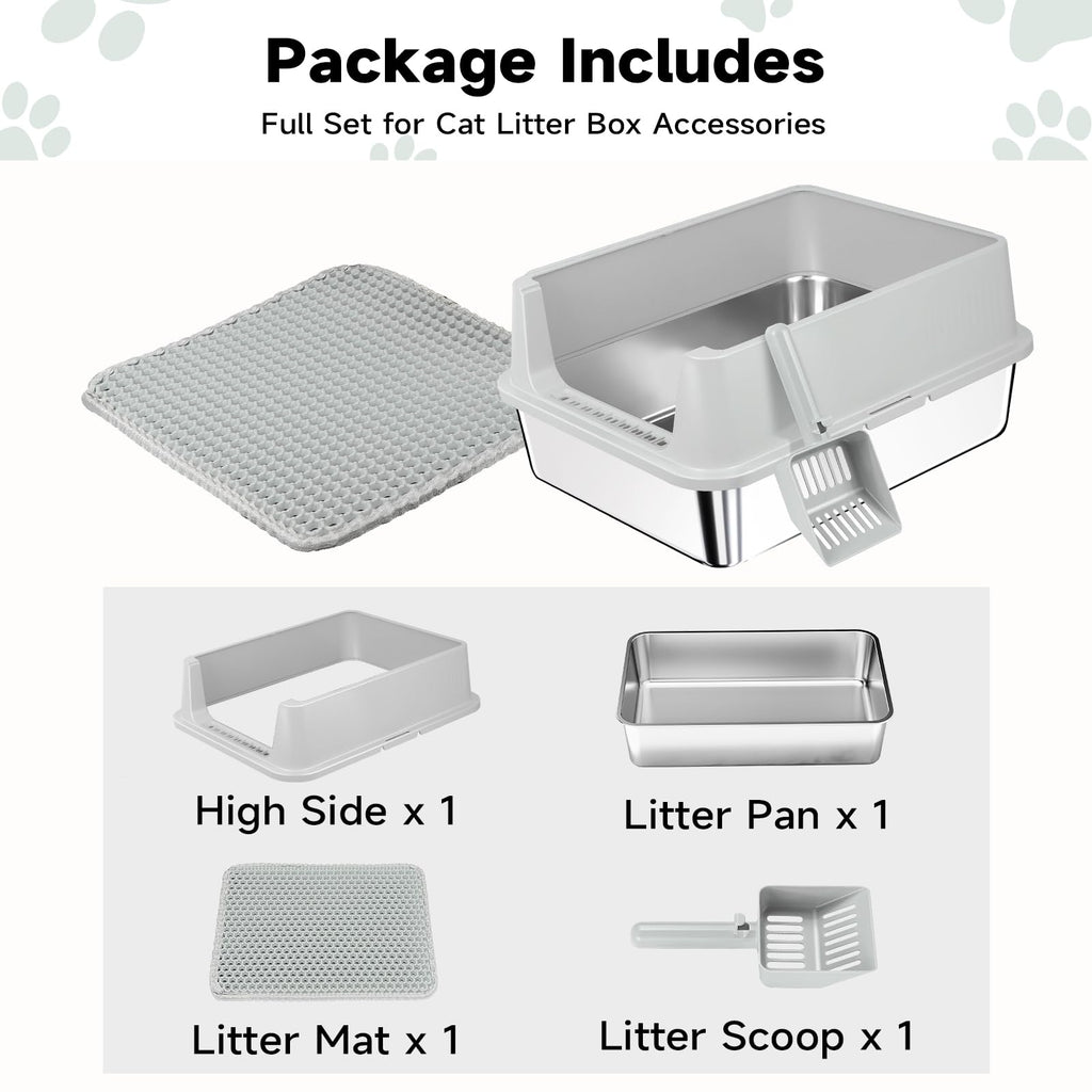 Stainless Steel Cat Litter Box with High Sides, Litter Mat, Scoop Y2851