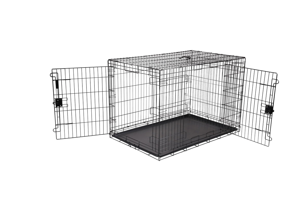 Portable Metal Wire Dog Crate, Double Door with Removable Tray, Black I195394