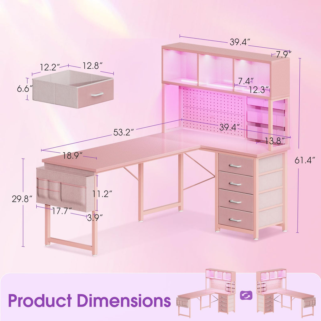 53" L Shaped Gaming Desk with Pegboard, Hutch & 4 Drawers, Pink Y634