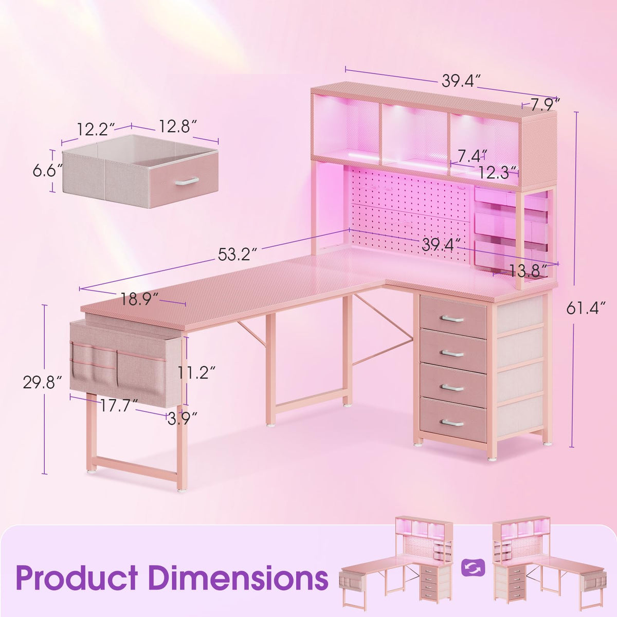53" L Shaped Gaming Desk with Pegboard, Hutch & 4 Drawers, Pink Y634