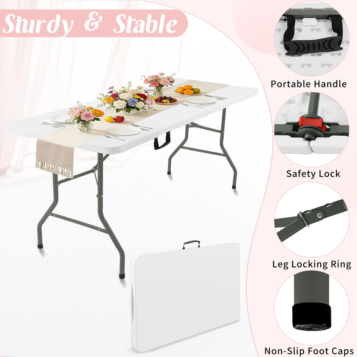 2 Pack 6 Feet Portable Folding Table White Plastic I312344
