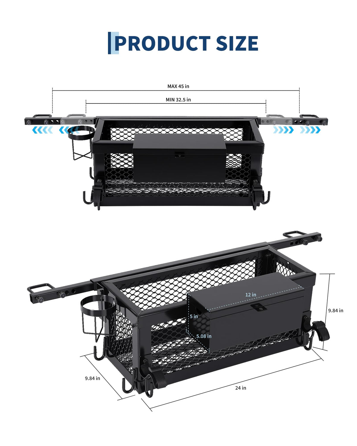 Heavy Duty Steel Tractor Tool Box Basket 24x10x10in Powder Coated Black V7177