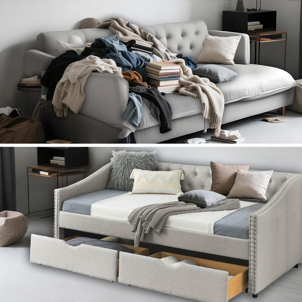 Twin Linen Upholstered Daybed with 2 Storage Drawers X739159