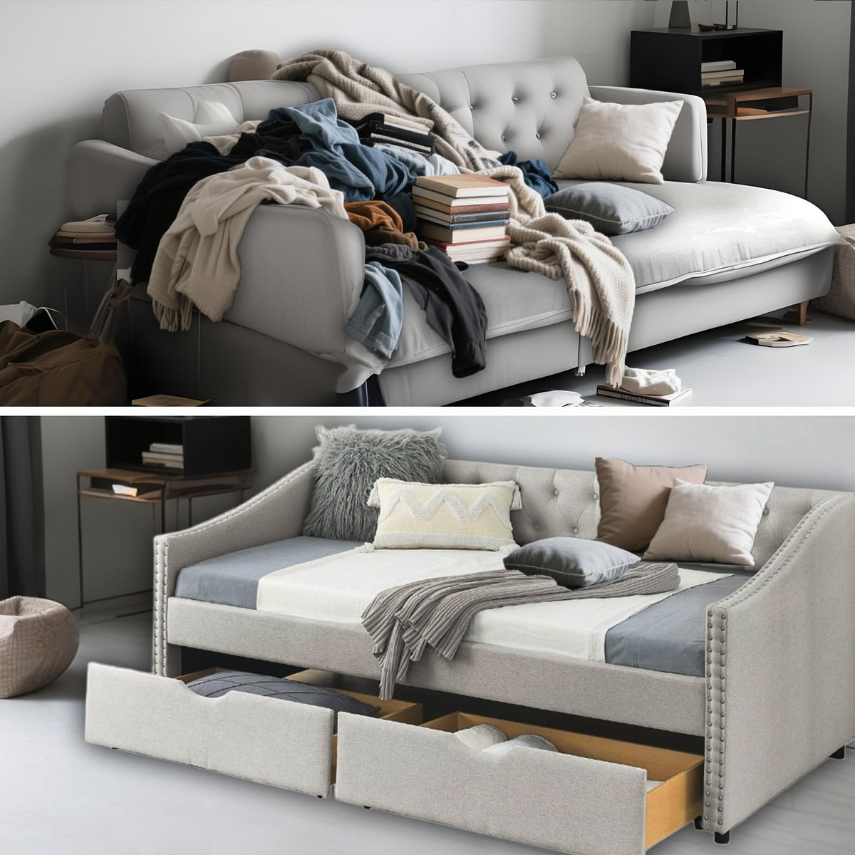 Twin Linen Upholstered Daybed with 2 Storage Drawers X739159