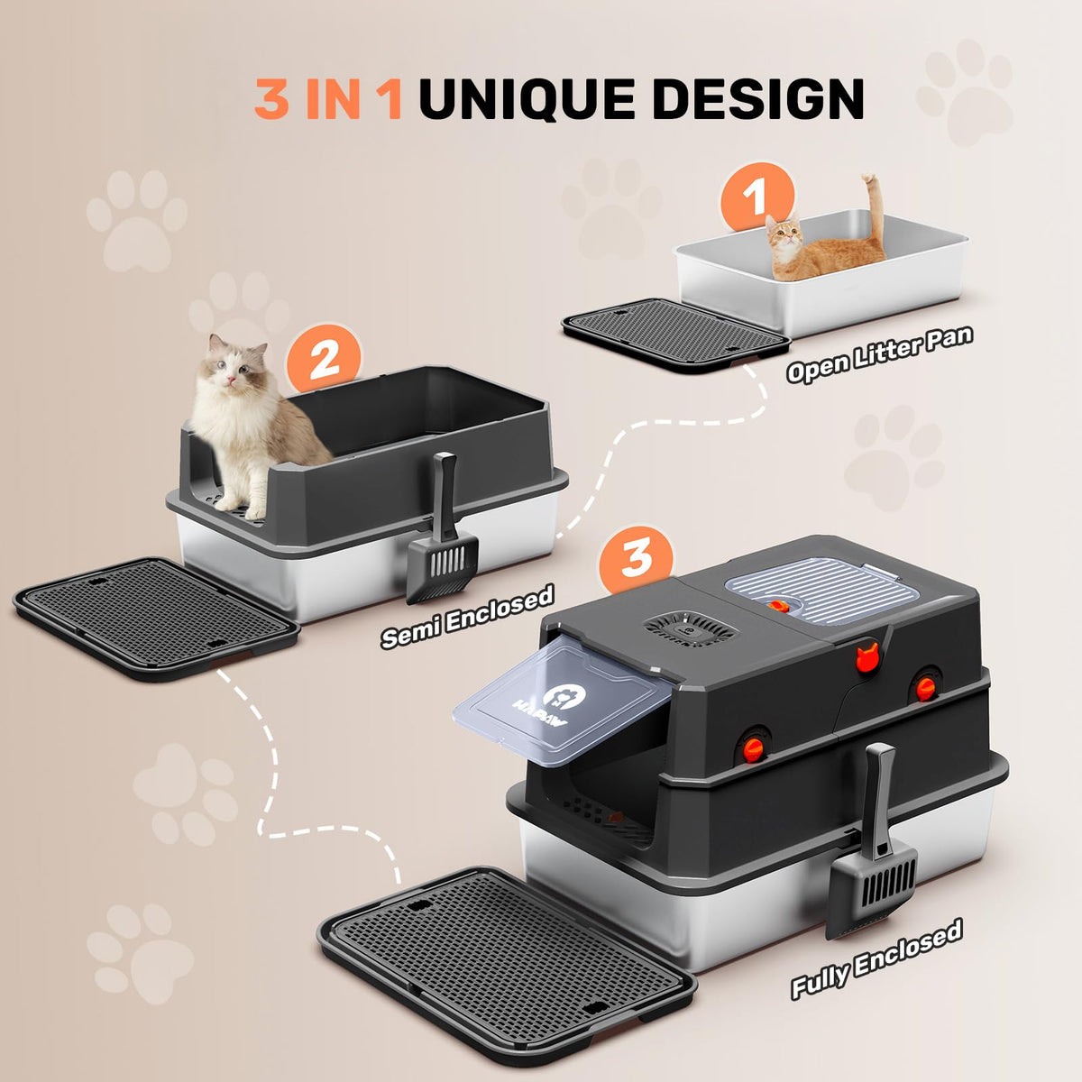 Stainless Steel Enclosed Litter Box with Lid, Scoop & Pedal, Black V620