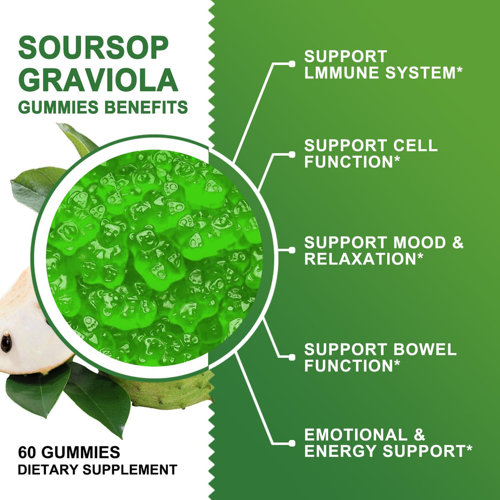 Organic Soursop Graviola Gummies 2200mg with Sea Moss Zinc Vitamin C 60 Gummies F6411