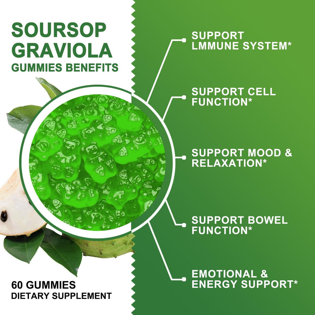 Organic Soursop Graviola Gummies 2200mg with Sea Moss Zinc Vitamin C 60 Gummies F6411