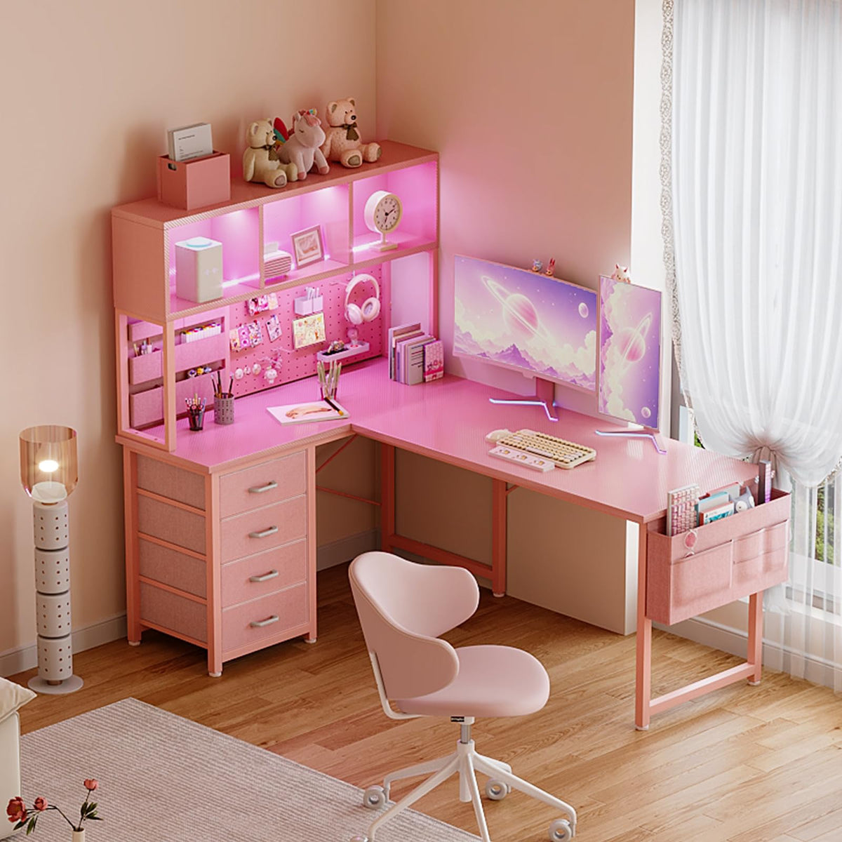 53" L Shaped Gaming Desk with Pegboard, Hutch & 4 Drawers, Pink Y634