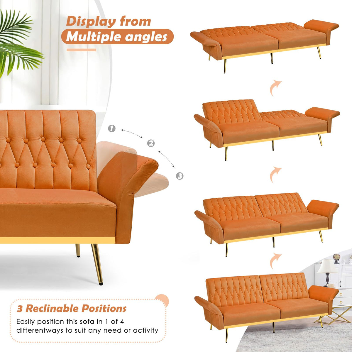 70" Velvet Futon with Adjustable Backrest and Armrests K78119