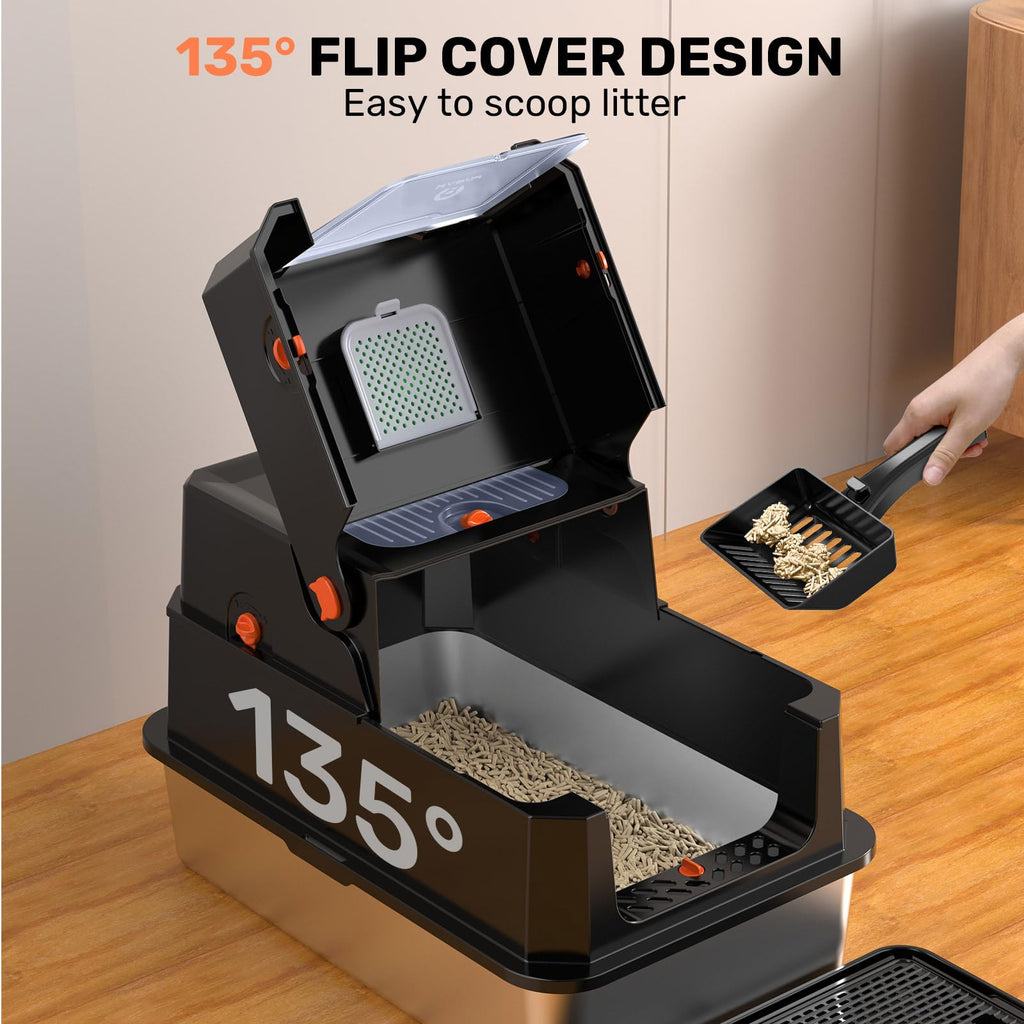 Stainless Steel Enclosed Litter Box with Lid, Scoop & Pedal, Black V620